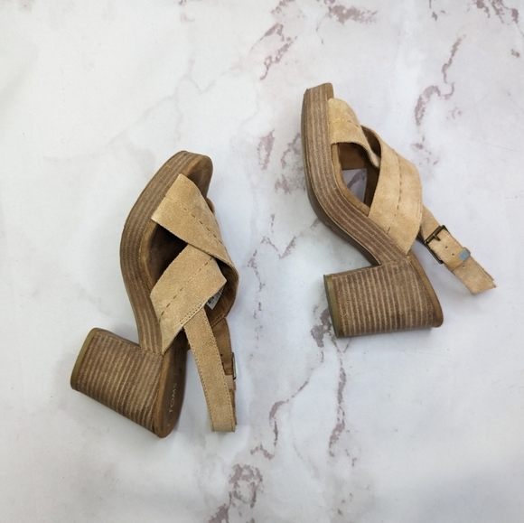 Toms Sandal Womens 9 Platform Ibiza Slingback Heels Shoe Brown Tan Suede Cross - Picture 6 of 13